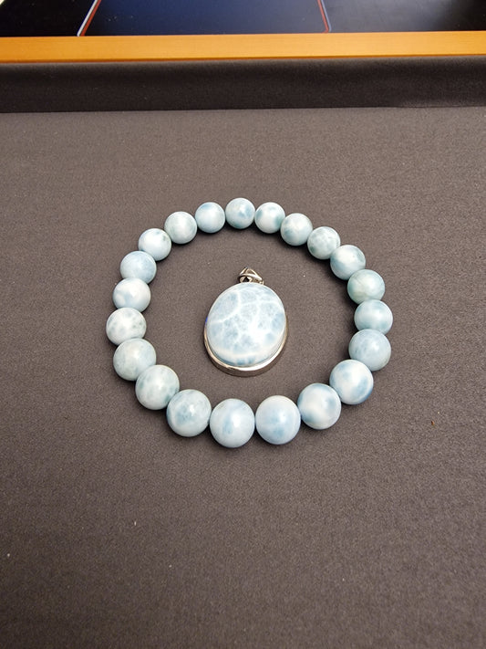 Larimar bracelets 9mm + pendentif argent 925 - Mylithovox 